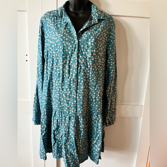 Farmhouse dress blue and yellow floral Button-Up long sleeve dress - Picture 5 of 6